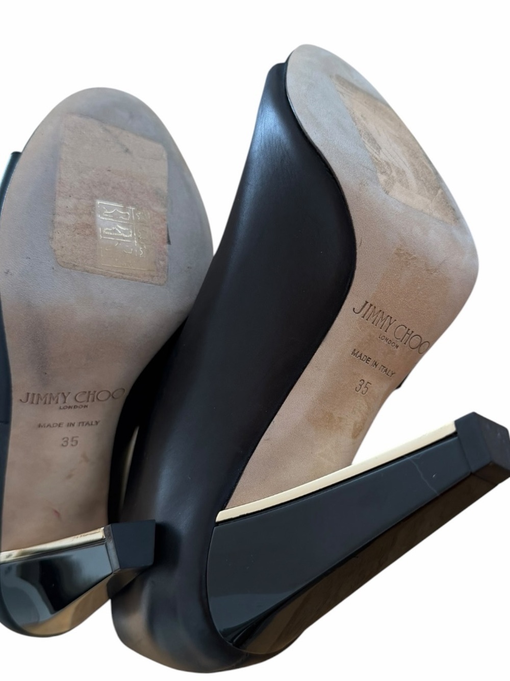 Jimmy Choo Black Leather Gold Accent Open Toe Ankle Booties Heels Size 35 / US 5 - Picture 11 of 11